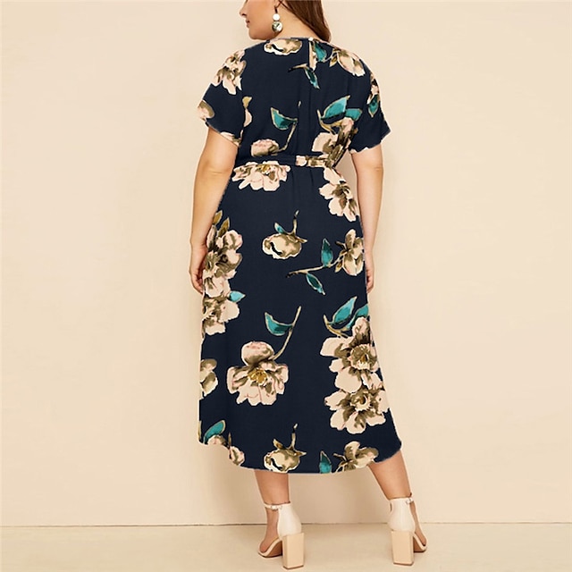 Womens Clothing Plus Size Collection | Womens Plus Size A Line Dress Floral Round Neck Print Short Sleeve Spring Summer Casual P