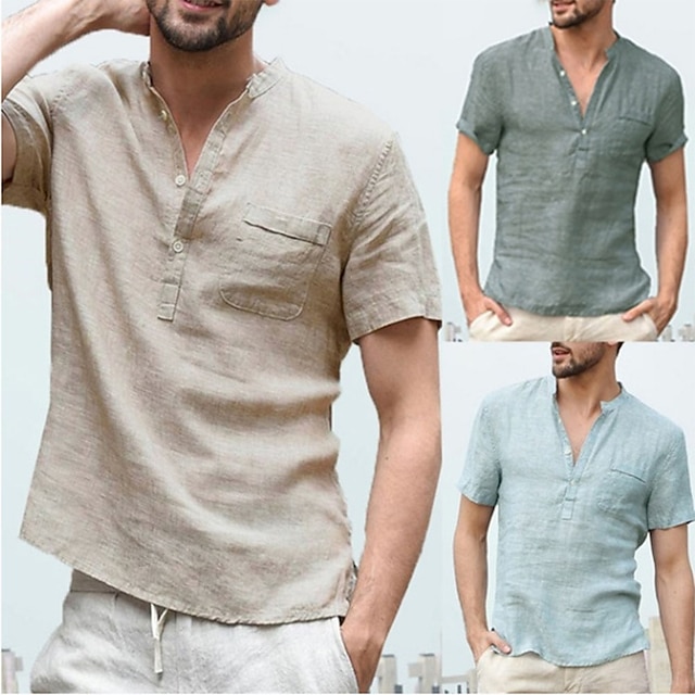  100% Cotton men's v-neck men's t-shirt flax loose undershirt solid color short-sleeved cotton and linen t-shirt men's casual hair