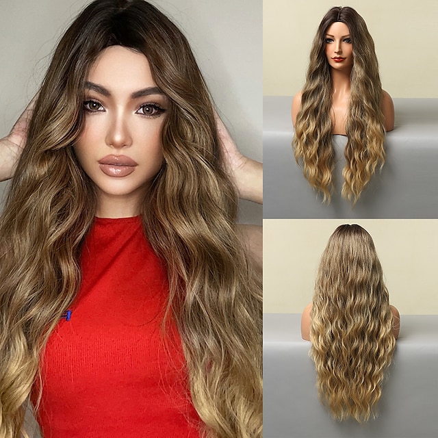 Beauty & Hair Wigs & Hair Pieces | Synthetic Wig Curly Weave Middle Part Wig 30 inch Ombre Brown Synthetic Hair Womens Fashion F