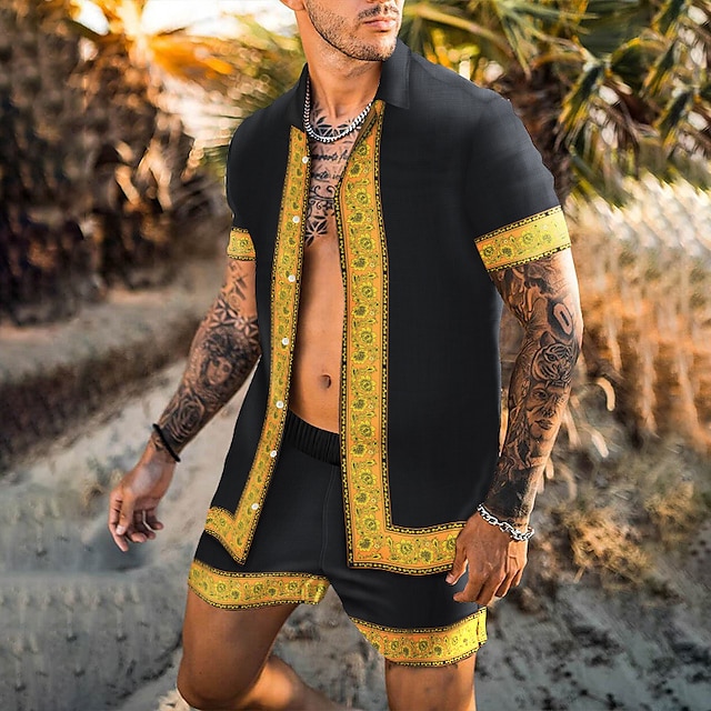  Herren Hemden-Set Hawaiihemd Sommerhemd Aloha-Shirt Blumen Umlegekragen Gold + Schwarz Schwarz Gelb Gold 3D-Druck Outdoor Casual Kurzarm 3D-Druck Button-Down Bekleidung Modisch Hawaiianisch
