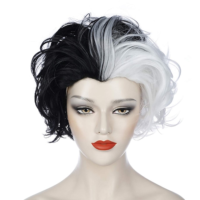  γοτθική περούκα cruella deville περούκα cosplay ασπρόμαυρες περούκες για γυναίκες κοντές σγουρές, κυματιστές μπομπ μαλλιά περούκα χαριτωμένες συνθετικές περούκες για πάρτι