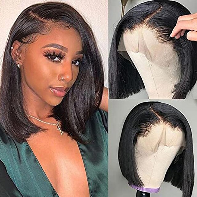 

Short Straight Bob Wigs Human Hair Lace Frontal Wigs Brazilian Virgin Human Hair For Black Women Straight Bob lace Front Wigs Pre Plucked with Baby Hair Natural Black 8-14 Inch 13x4 Straight Bob Wig