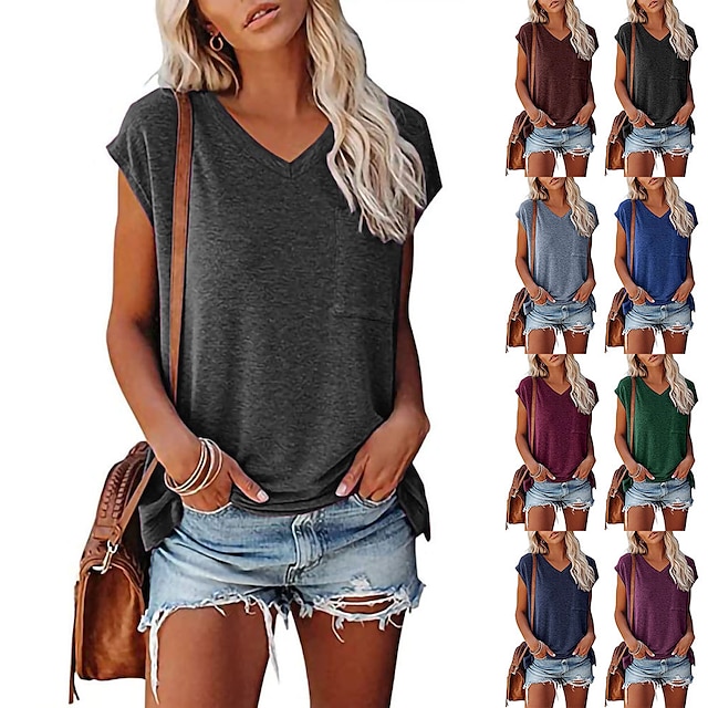  Womens T Shirts Basic V Neck Tee Loose Fitting Casual Short Sleeve Tops