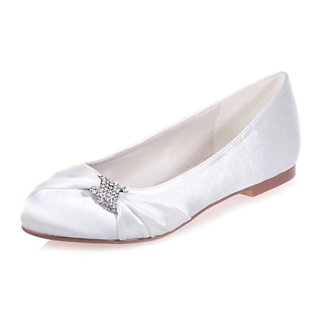 Women's White Satin Ballet Flats – Elegant Wedding Shoes with Rhinestone Embellishment for Brides & Formal Events 13