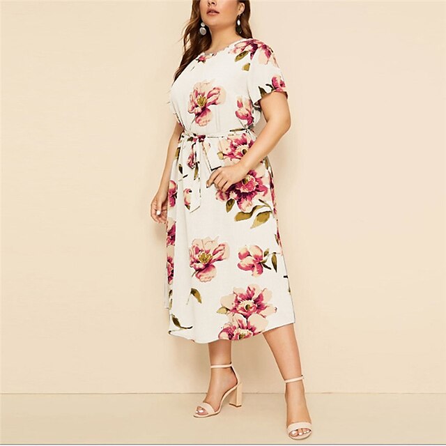 Womens Clothing Plus Size Collection | Womens Plus Size A Line Dress Floral Round Neck Print Short Sleeve Spring Summer Casual P