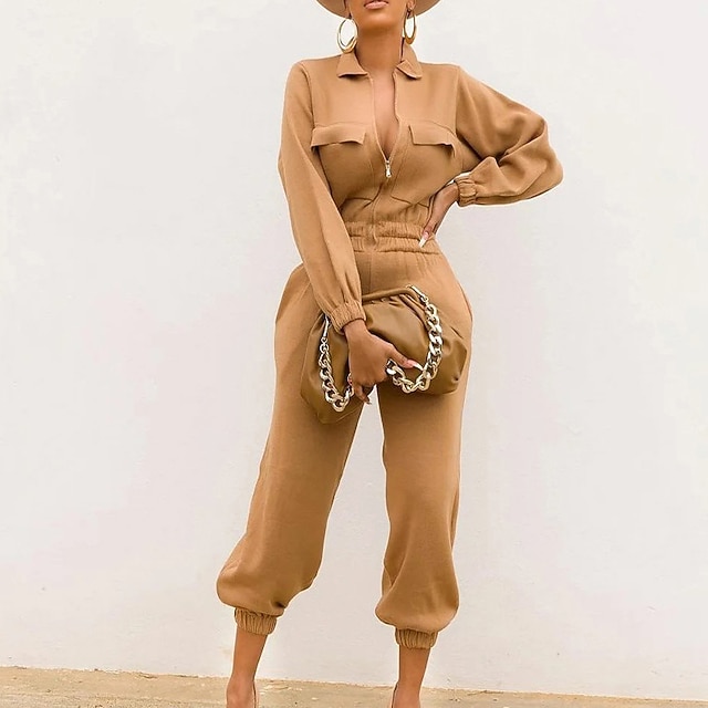 

Women's Jumpsuit Solid Color Shirt Collar Active Street Vacation Regular Fit Long Sleeve Beige XL XXL 3XL Spring