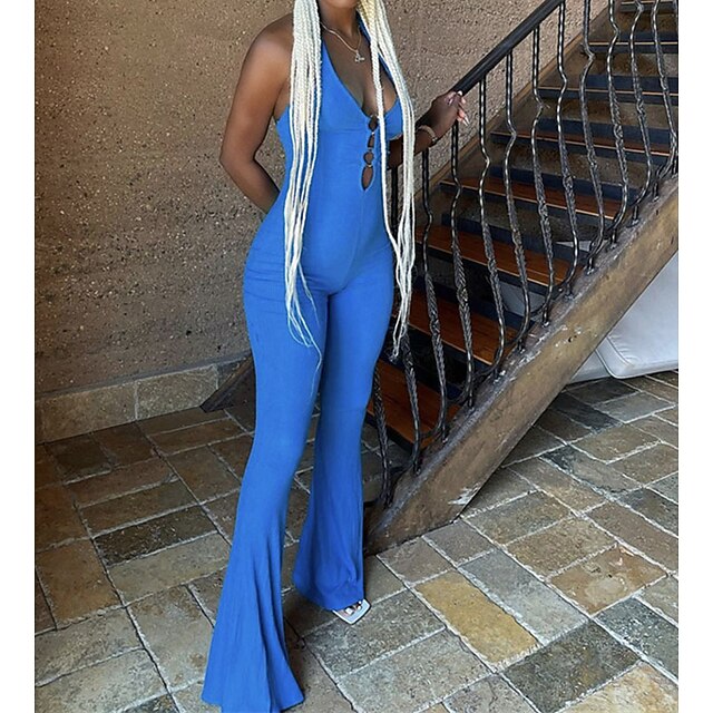 

Women's Jumpsuit Backless Cut Out Solid Color Halter Neck Active Home Street Regular Fit Sleeveless Blue Black S M L Fall