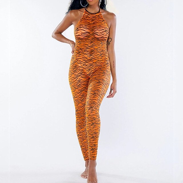 

Women's Jumpsuit Backless Print Striped Halter Neck Active Street Sport Regular Fit Sleeveless Gold Red S M L Spring