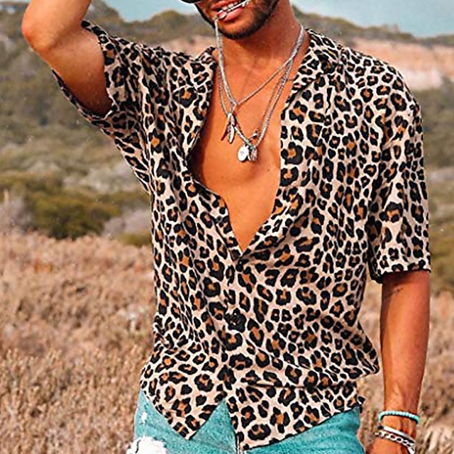  camisa de hombre manga corta estampado de leopardo cobertura marrón casual estampado diario tops moda deportiva