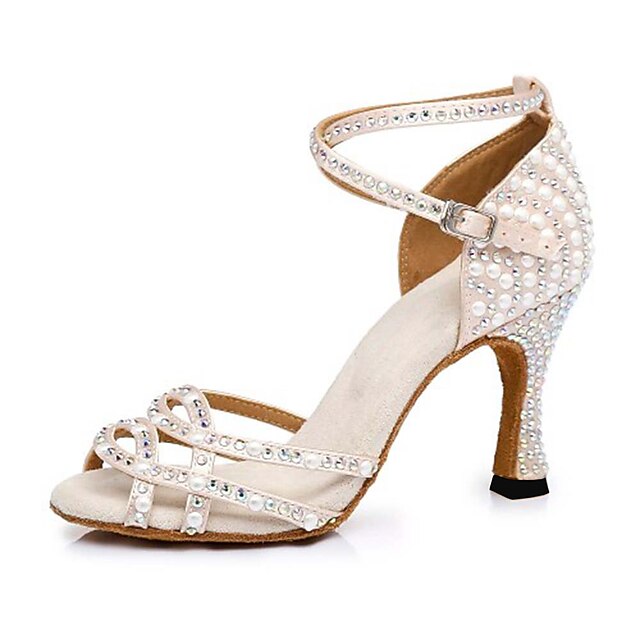 Women's Rhinestone Latin Dance Shoes – Elegant Strappy High Heel Ballroom Sandals with Ankle Strap, Suede Sole for Performance & Competition 8