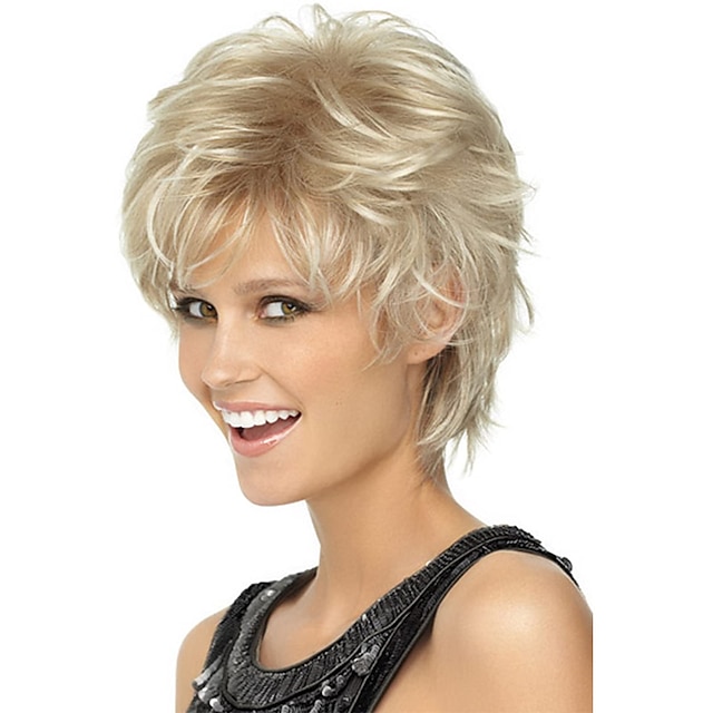  Short Blonde Wigs Omber Blonde Pixie Cut Wig for Women Natural Wavy Real Hair Synthetic Wig with Bangs