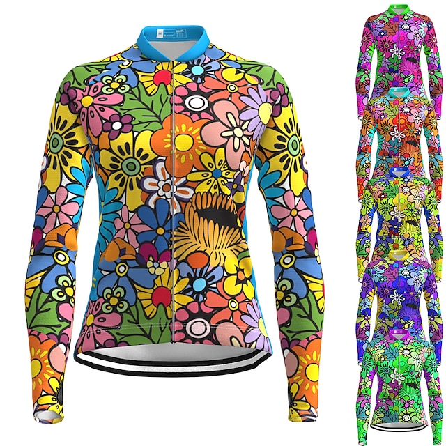  21Grams Women's Cycling Jersey Long Sleeve Bike Top with 3 Rear Pockets Mountain Bike MTB Road Bike Cycling Breathable Moisture Wicking Quick Dry Reflective Strips Yellow Blue Purple Rainbow Floral