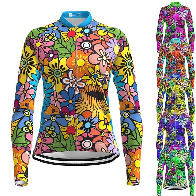 Women's Cycling Jersey Rainbow Floral Botanical LGBT Long Sleeve Bike Jersey Top with 3 Rear Pockets Mountain Bike MTB Road Bike Cycling Quick Dry Reflective Strips Back Pocket Moisture Wicking Sports 12