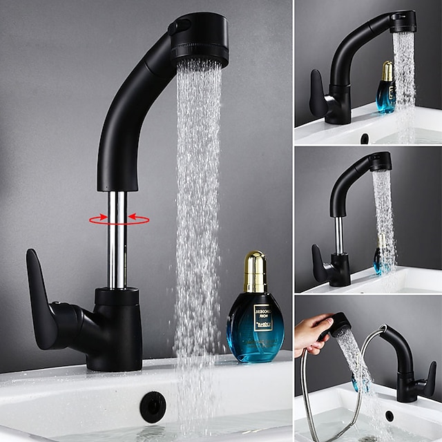  Matte Black Bathroom Basin Faucet Pull Out Spout Rotatable Liftable Body Deck Mounted Hot and Cold Water Mixer Tap