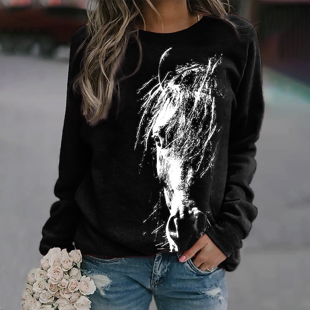  Dames Sweatshirt Stoppen Paard Afdrukken Dagelijks Sport 3D-afdrukken Actief Streetwear Hoodies Sweatshirts Zwart
