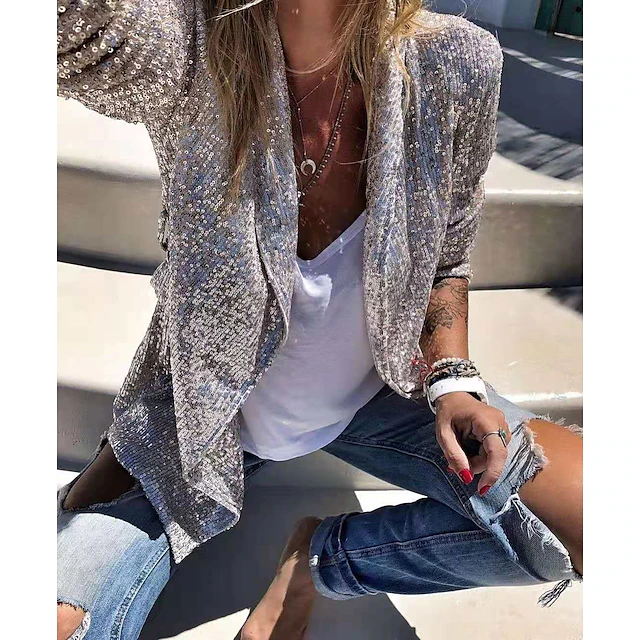 Women's Blazer Sequins Coat Sparkle Coa White Black Gold Open Front Long Sleeve,Sequin Jacket Shine Bright Like Diamond tParty Evening Spring Autumn Regular Fit S M L XL XXL 5