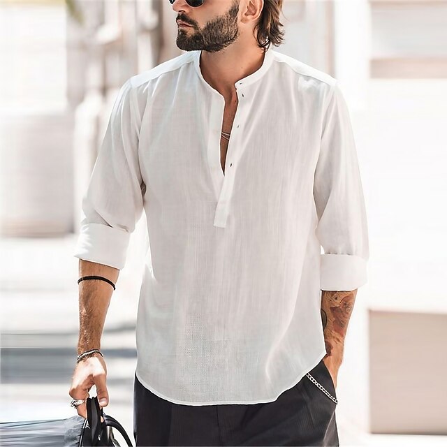  heren overhemd effen kleur ronde hals straat casual button-down tops met lange mouwen casual mode comfortabele witte zomer shirts