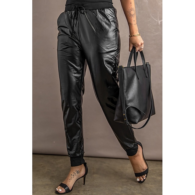 

Women's Fashion Jogger Chinos Side Pockets Elastic Drawstring Design Ankle-Length Pants Casual Weekend Micro-elastic Plain PU Comfort Mid Waist Black S M L XL
