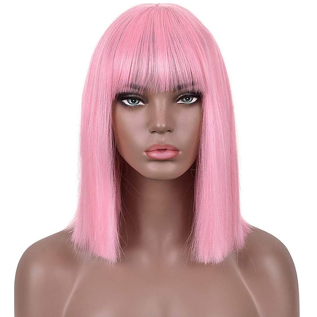 Pink Wigs For Women Cosplay Costume Wig Straight Middle Part Wig Pink One Color Synthetic Hair
