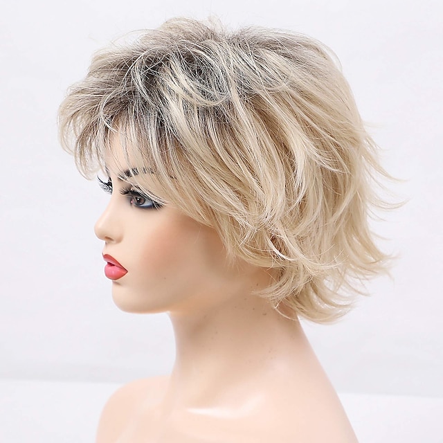  Blonde Wigs for Women Short Blonde Layered Synthetic Hair Wigs for Women Mixed Black Roots