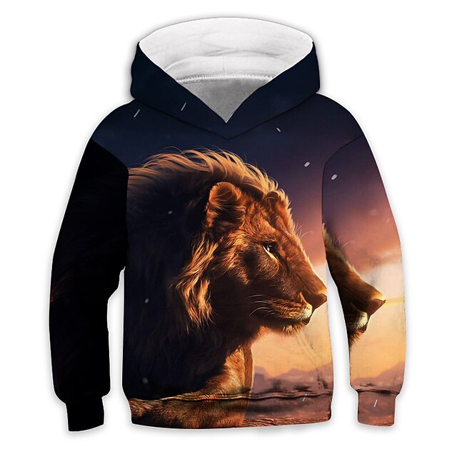 Baby & Kids Boys Clothing | Kids Boys Hoodie Long Sleeve Yellow 3D Print Lion Animal Pocket Daily Indoor Outdoor Active Fashion 