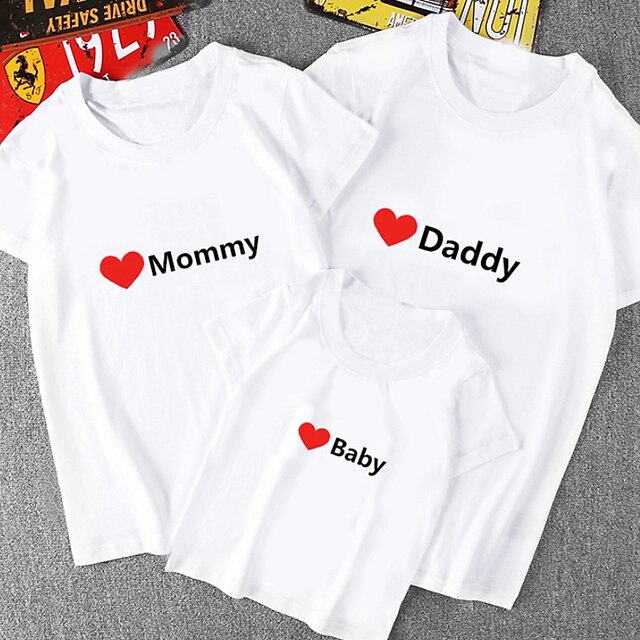 Baby & Kids Matching Outfits | Family Look Valentines T shirt Cotton Peace Letter Daily Print White Black Short Sleeve Active Ma