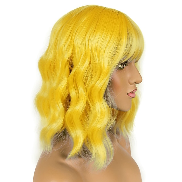 Beauty & Hair Wigs & Hair Pieces | Short Bob Wigs with Bangs for Women Loose Wavy Hair Shoulder Length Bob Yellow Wigs Synthetic