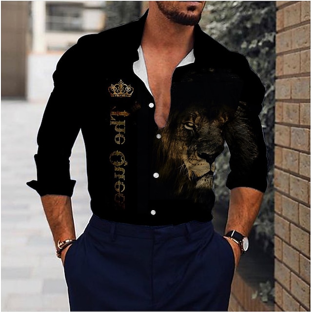  Men's Shirt Graphic Shirt Animal Leopard Letter Turndown Yellow Outdoor Street Long Sleeve Button-Down Print Clothing Apparel Fashion Designer Casual Breathable / Summer / Spring / Summer
