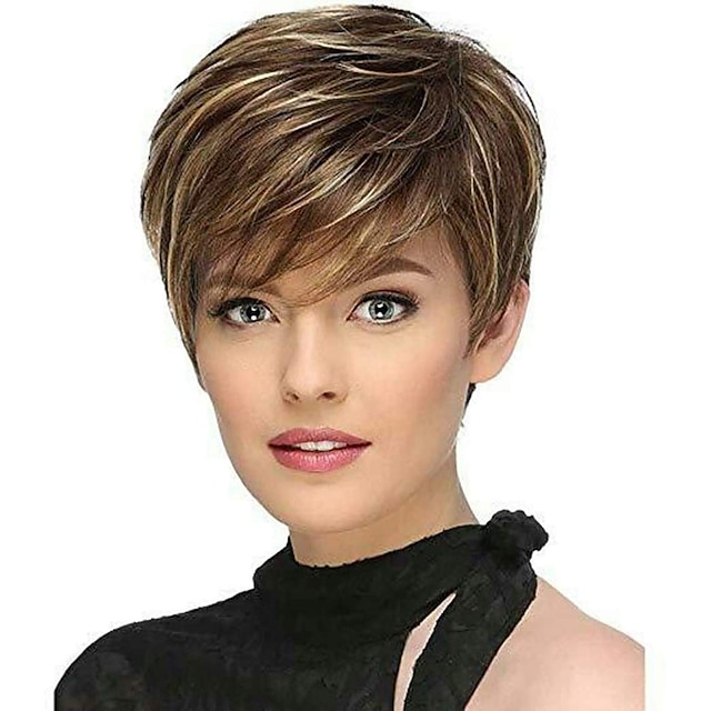 Buy Short Dark Brown Mixed Blonde Highlight Pixie Cut Wigs With Bangs Synthetic  Wigs For Women