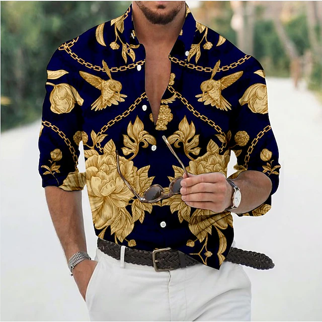 Men's Floral Chains Print Shirt Button Up Shirt Long Sleeve Vintage Fashion Designer Daily Holiday Going out Spring & Summer Turndown 3D Print Button-Down Black Red Navy Blue Green 5