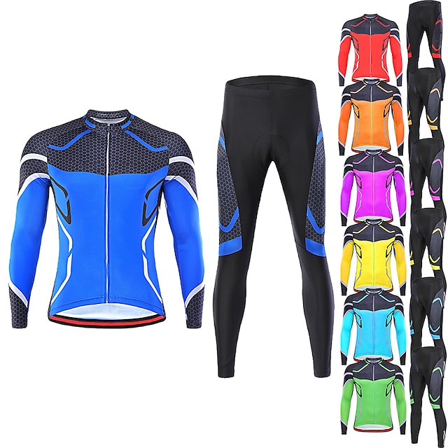  21Grams® Men's Long Sleeve Cycling Jersey with Tights Summer Spandex Polyester Black / Yellow Green Purple Stripes Bike Clothing Suit 3D Pad Breathable Quick Dry Moisture Wicking Back Pocket Sports