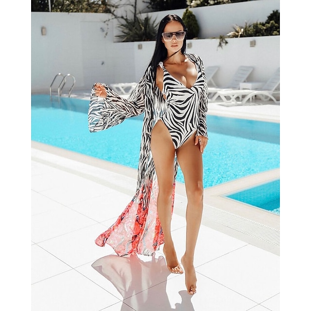 Womens Clothing Womens Swimwear | Womens Swimwear One Piece Swimsuit Animal Pattern Tummy Control Ruffle Zebra Print zebra Bathi