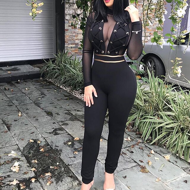 

Women's Catsuit Mesh Solid Color Stand Collar Elegant Party Party Evening Regular Fit Long Sleeve Black S M L Spring