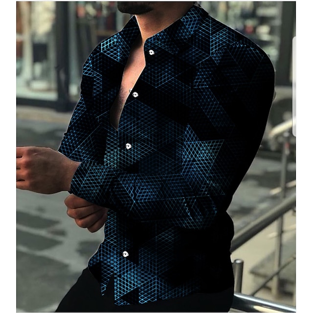  Voor heren Overhemd 3D-afdrukken Geometrisch Strijkijzer Dagelijks Feestdagen 3D-afdrukken Button-omlaag Lange mouw Tops Casual Modieus Ademend blauw