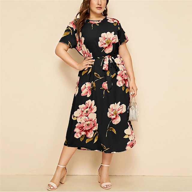 Womens Clothing Plus Size Collection | Womens Plus Size A Line Dress Floral Round Neck Print Short Sleeve Spring Summer Casual P