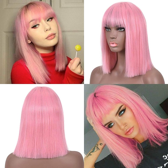 Beauty & Hair Wigs & Hair Pieces | Pink Wigs for Women Cosplay Costume Wig Straight Middle Part Wig Pink One Color Synthetic Hai