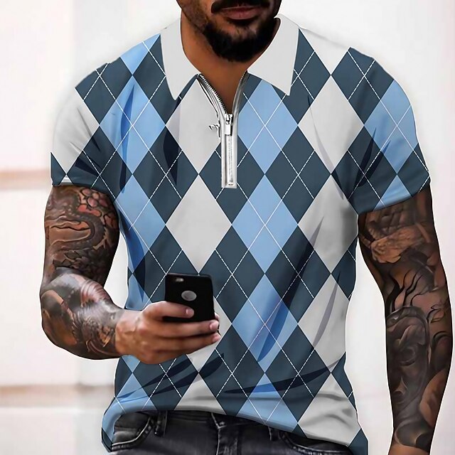 Men's Plaid Zip Polo Shirts Golf Shirt Short Sleeve Polo Shirts Collared Shirts Casual Vacation Wear Formal Wear Festival Wear 3D Print Quarter Zip Polo Blue2