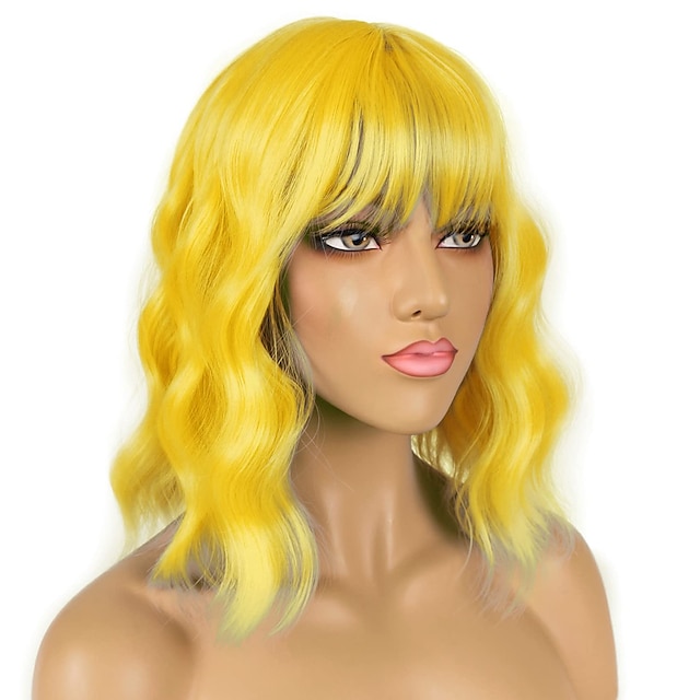 Beauty & Hair Wigs & Hair Pieces | Short Bob Wigs with Bangs for Women Loose Wavy Hair Shoulder Length Bob Yellow Wigs Synthetic