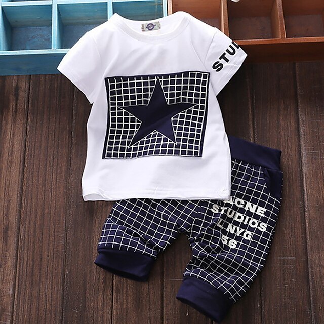 Baby & Kids Boys Clothing | Kids Boys T-shirt & Pants T-shirt Set Clothing Set 2 Pieces Short Sleeve Gray Dusty Blue Red Plaid L