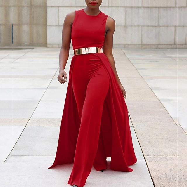 

Women's Jumpsuit Solid Color Crew Neck Elegant Party Party Evening Regular Fit Sleeveless Red M L XL Spring