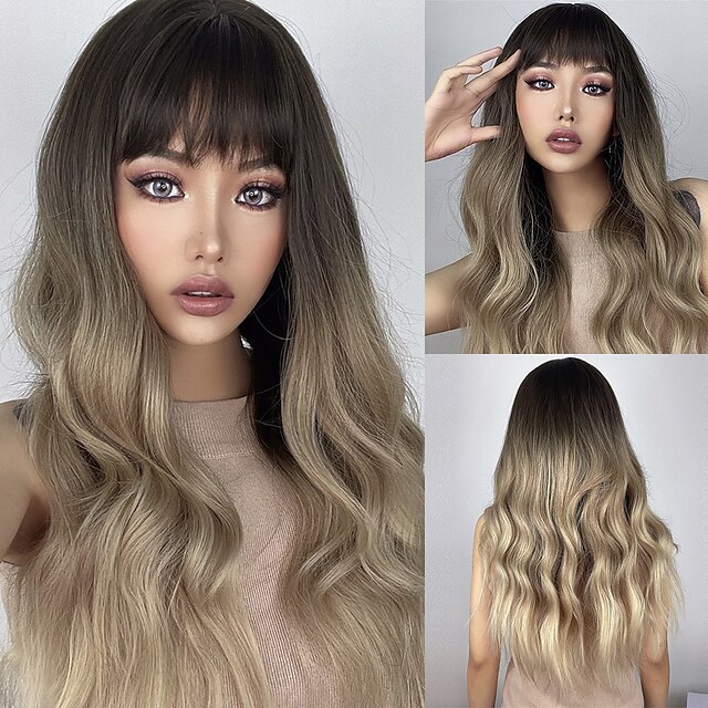 Beauty & Hair Wigs & Hair Pieces | Synthetic Wig Natural Wave With Bangs Wig 26 inch Ombre Brown Synthetic Hair Womens Natural C