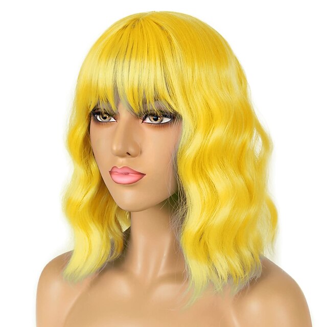 Beauty & Hair Wigs & Hair Pieces | Short Bob Wigs with Bangs for Women Loose Wavy Hair Shoulder Length Bob Yellow Wigs Synthetic