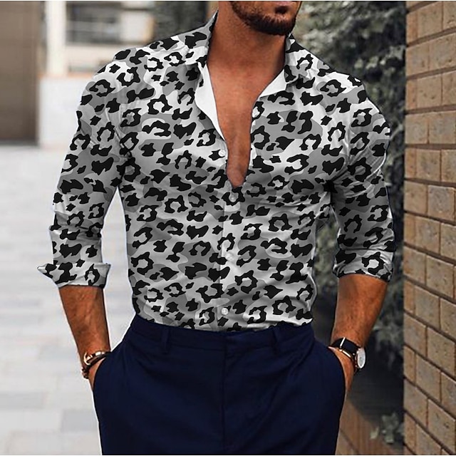 

Men's Shirt Leopard Long Sleeve Regular Fit Tops White Brown