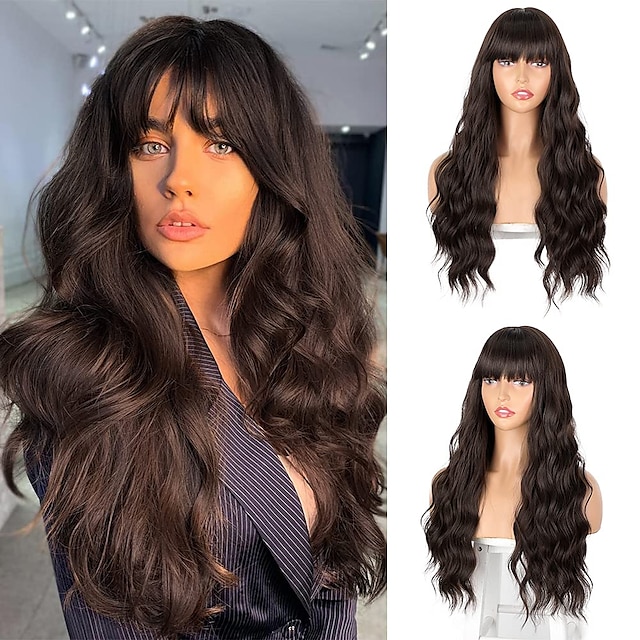 Beauty & Hair Wigs & Hair Pieces | Brown Wig with Bangs Long Wavy Blonde Highlights Wig for Women Synthetic Heat Resistant Wig N