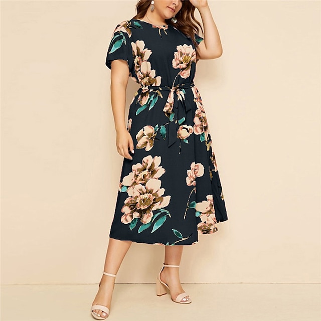 Womens Clothing Plus Size Collection | Womens Plus Size A Line Dress Floral Round Neck Print Short Sleeve Spring Summer Casual P