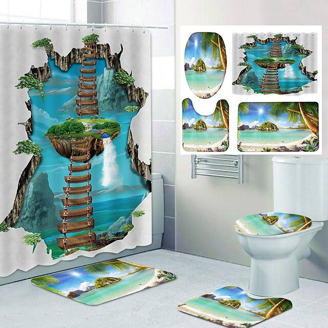 Home & Garden Bath Accessories | 3D Pastoral Style Beach Printing Bathroom Shower Curtain Leisure Toilet Four-Piece Design - FX8