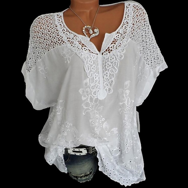  Mulheres Camisa Social Blusa Tops de ilhas brancas Preto Branco Vermelho Côr Sólida Tecido Renda Meia Manga Casual Diário Vintage Básico Elegante Decote V Padrão S