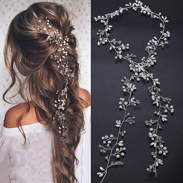  Bridal Rose Gold and Gold Silver Extra Long Pearl and Crystal Beads Bridal Hair Vine Wedding Head Piece Bridal Hair Accessories Headband Hair Jewelry Hair Accessories
