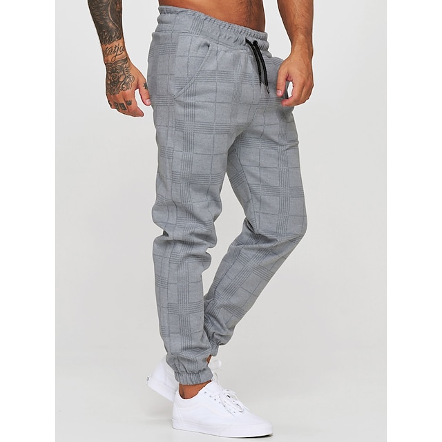  Men's Long Casual Sport Pants Plaid Drawstring Trousers Athletic Running Gym Jogger Sweatpants with Pocket Dark Gray