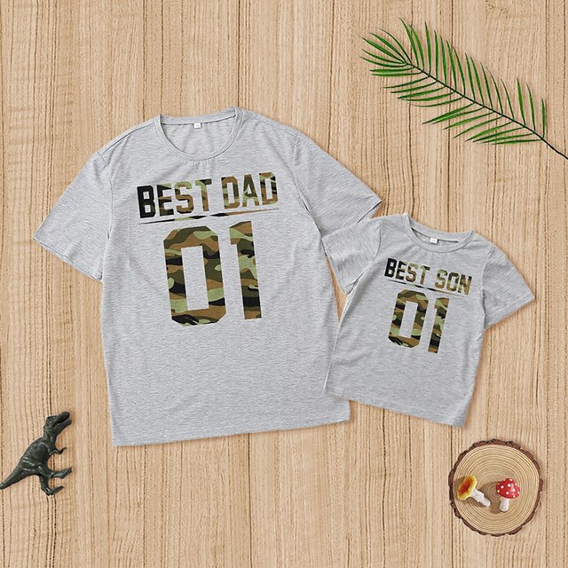 Baby & Kids Matching Outfits | Dad and Son T shirt Tops Letter Sport Print Light Gray Short Sleeve Casual Matching Outfits / Sum